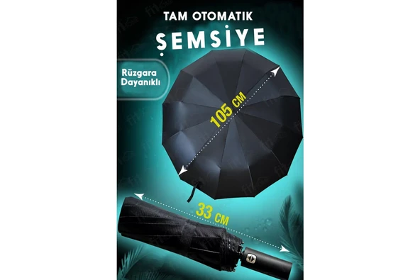12 Telli Otomatik Şemsiye Rüzgara Dirençli Emniyetli Geniş ve Dayanıklı Tasarım Tam Otomatik Şemsiye - Resim 3