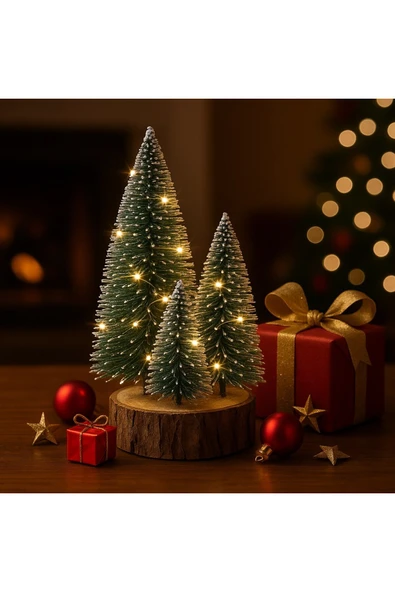 Ahşap Kütük Üzerinde 4’lü LED Işıklı Noel Kar Efektli Çam Ağaçları Seti 23 Cm - 18 Cm - 12 Cm -13 Cm - Resim 2