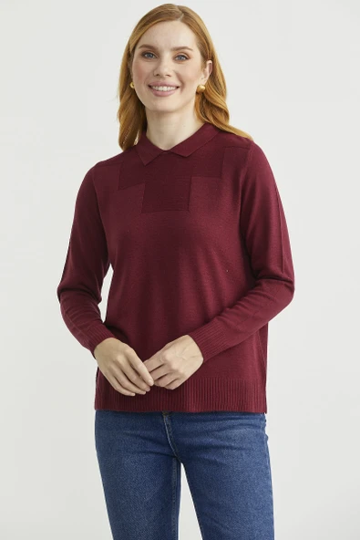 Bebe Yaka Yünlü Triko Kazak - Bordo - Resim 2