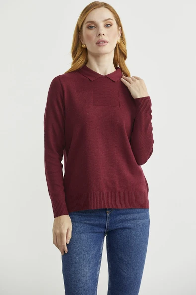 Bebe Yaka Yünlü Triko Kazak - Bordo - Resim 3