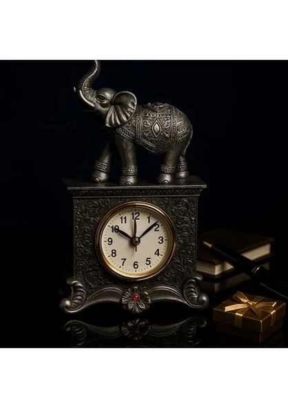 Fil Figürlü Zarif Masa Saati Bolluk Şans Simgesi Kırmızı Taş Detaylı Gri Renkli Fil Masa Saati 19 cm - Resim 2