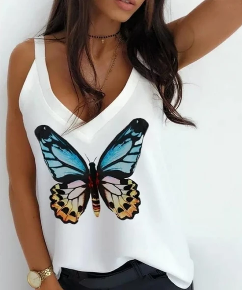 Kadın Kelebek Baskılı Sandy Kumaş Askılı Bluz - Resim 2