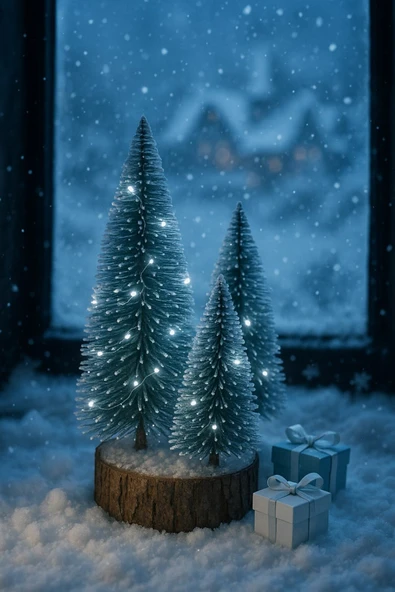 Ahşap Kütük Üzerinde 4’lü LED Işıklı Noel Kar Efektli Çam Ağaçları Seti 23 Cm - 18 Cm - 12 Cm -13 Cm - Resim 3