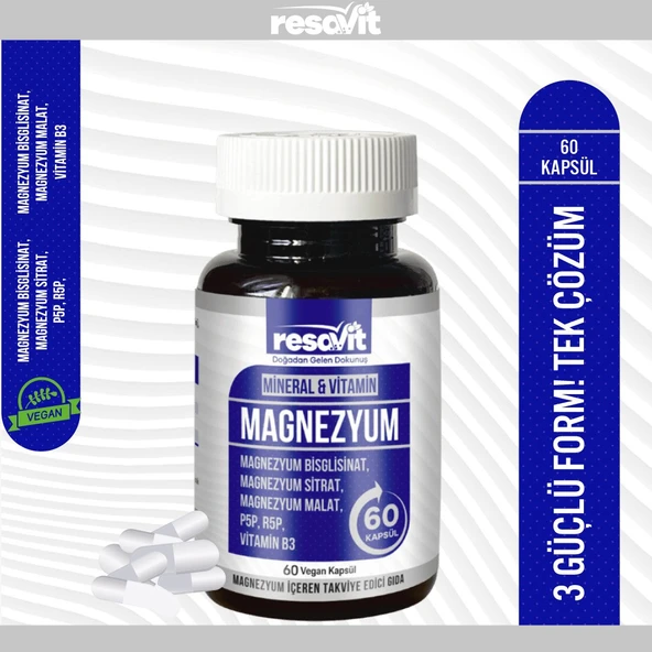 RESAVİT Magnezyum 3’Lü Form (Bisglisinat-Sitrat-Malat) + Vitamin (B2, B3, B6) 60 Bitkisel Kapsül - 2
