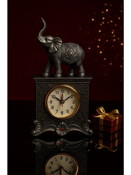 Fil Figürlü Zarif Masa Saati Bolluk Şans Simgesi Kırmızı Taş Detaylı Gri Renkli Fil Masa Saati 19 cm ürün görseli 1