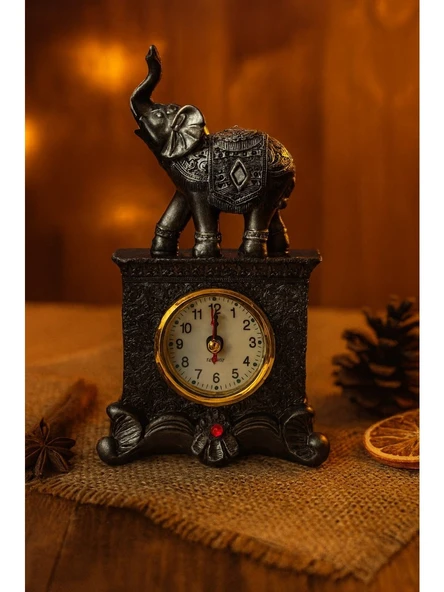 Fil Figürlü Zarif Masa Saati Bolluk Şans Simgesi Kırmızı Taş Detaylı Gri Renkli Fil Masa Saati 19 cm - Resim 3