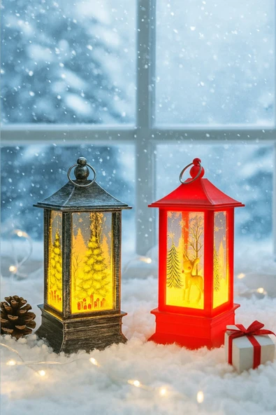 Yeni Yıl Noel Temalı 2 Li Set Işıklı Yılbaşı Feneri Çam Ağacı & Bambi Figürlü Kandili Fener 14 Cm - Resim 3