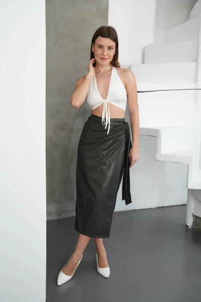 Kuşaklı uzun deri etek haki h26414 - 2