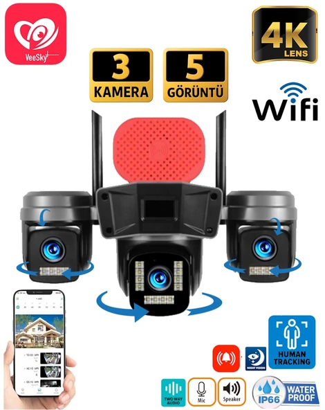 VeeSky+ S308 3 Kameralı 6MP 4K UltraHD Wifi Kamera Siren Gece Görüş - Resim 9