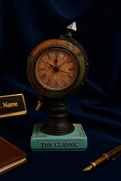 Nostaljik Klasik Prestijli Çalışma Masanıza Masa Saati Biblosu Dünya Küresi Antika Saat 19 Cm-Y - Resim 3