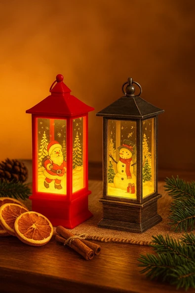 Yeni Yıl Noel Temalı 2 Li Set Işıklı Yılbaşı Feneri Noel Baba Kardan Adam Figürlü Kandili Fener 14Cm - Resim 3