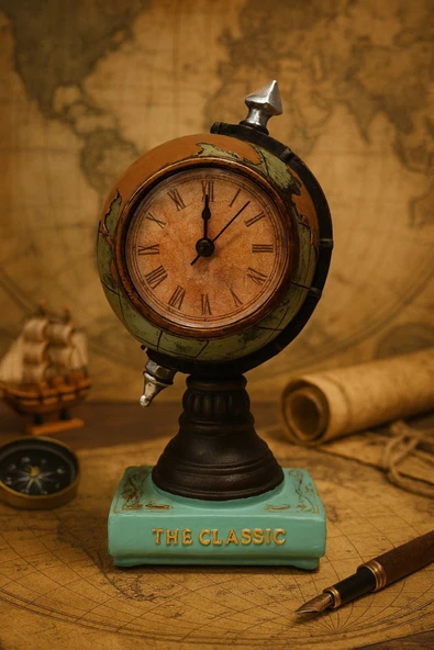 Nostaljik Klasik Prestijli Çalışma Masanıza Masa Saati Biblosu Dünya Küresi Antika Saat 19 Cm-Y ürün görseli 1