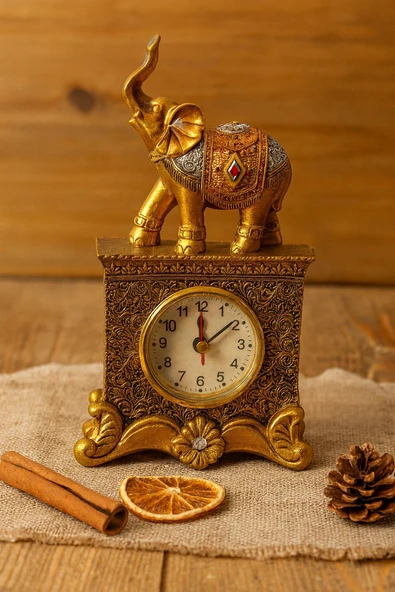 Fil Figürlü Zarif Masa Saati Bolluk Şans Simgesi Kırmızı Taş Detay Altın Renkli Fil Masa Saati 19 Cm - Resim 2