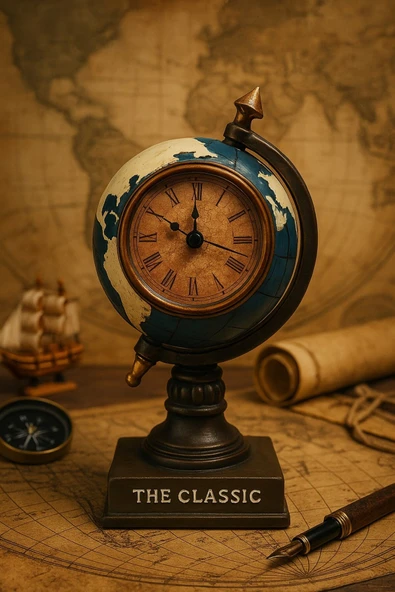 Çalışma Masanıza Klasik Asil Tasarım Nostaljik Masa Saati Biblosu Dünya Küresi Antika Saat 19 Cm-M ürün görseli 1