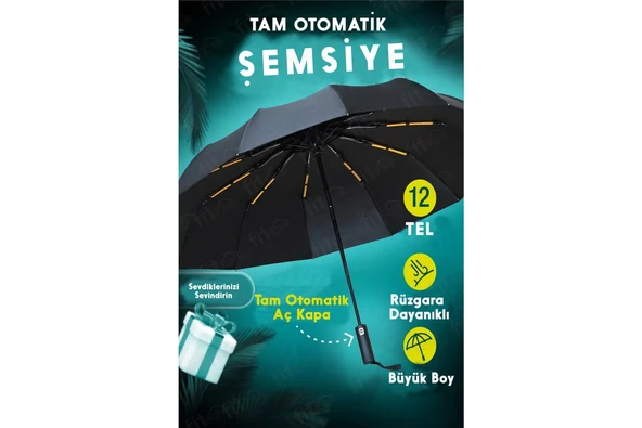 12 Telli Otomatik Şemsiye Rüzgara Dirençli Emniyetli Geniş ve Dayanıklı Tasarım Tam Otomatik Şemsiye ürün görseli 1