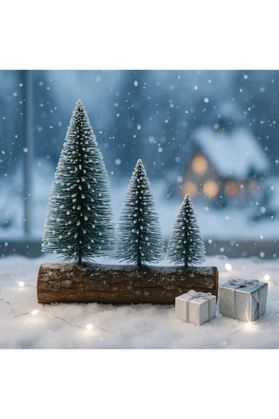 Hoşgeldin Yeni Yıl 3’lü Mini Kar Efektli Ahşap Kütük Üstünde Mini Noel Çam Ağacı Seti 16 – 11– 10 Cm - Resim 3