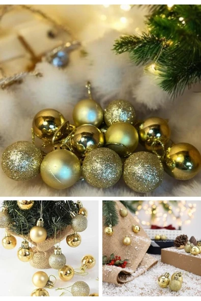 Noel Çam Ağacı Süsü 12’li Parlak Simli Altın Renkli Top Süsler YeniYıl Yılbaşı Çam Ağacı Süsleri 4Cm - Resim 2