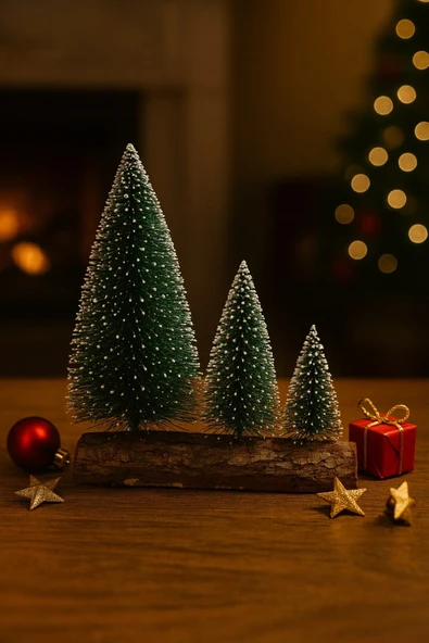 Hoşgeldin Yeni Yıl 3’lü Mini Kar Efektli Ahşap Kütük Üstünde Mini Noel Çam Ağacı Seti 16 – 11– 10 Cm - Resim 2