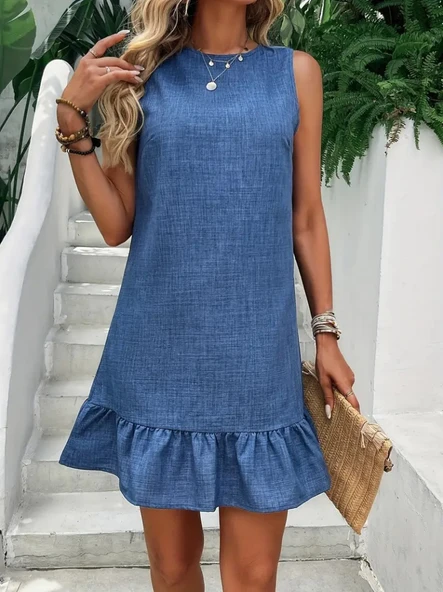 Kadın Kolsuz Bisiklet Yaka Fırfırlı Sofya Elbise - Resim 5