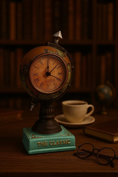 Nostaljik Klasik Prestijli Çalışma Masanıza Masa Saati Biblosu Dünya Küresi Antika Saat 19 Cm-Y - 2