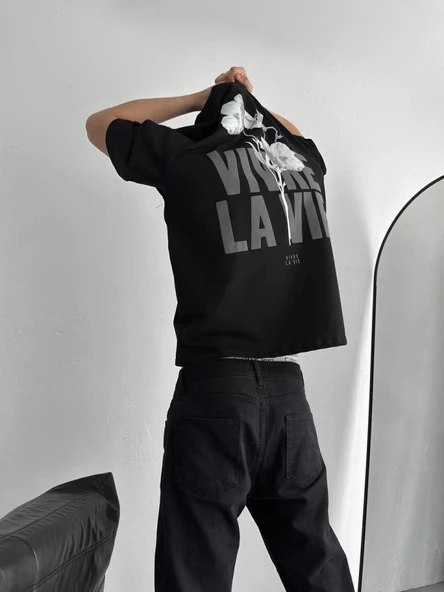 Baskılı Oversize Bisiklet Yaka T-shirt - Siyah ürün görseli 1