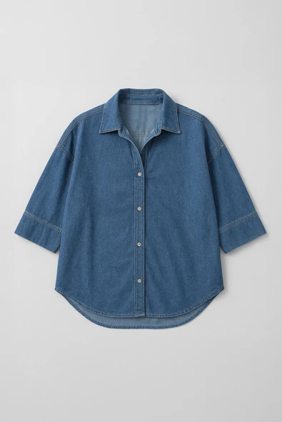 Kadın Rahat Kalıp Mavi Jean Gömlek - 2