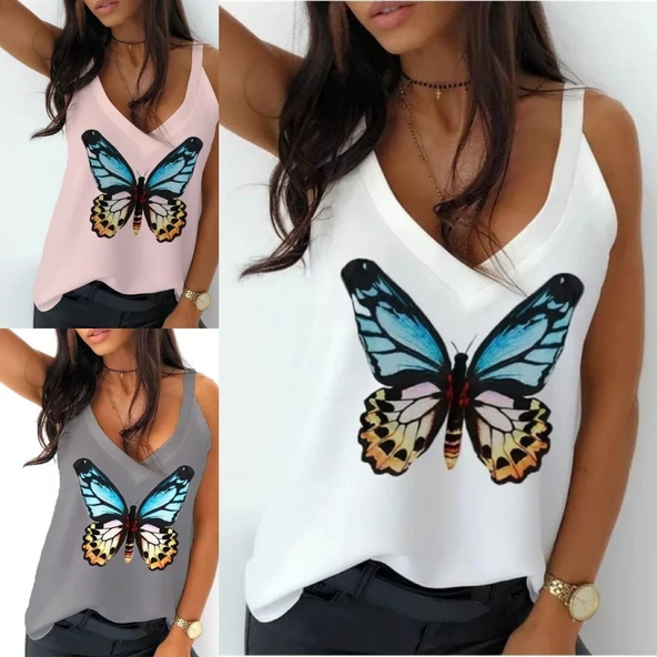 Kadın Kelebek Baskılı Sandy Kumaş Askılı Bluz - Resim 3