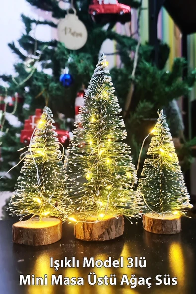 Hoşgeldin Yeni Yıl 3’lü Mini Noel Çam Ağacı Kar Efektli LED Işıklı Çam Ağaçları Seti 15 – 11– 10 Cm ürün görseli