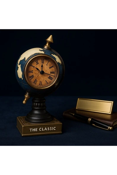 Çalışma Masanıza Klasik Asil Tasarım Nostaljik Masa Saati Biblosu Dünya Küresi Antika Saat 19 Cm-M - Resim 2