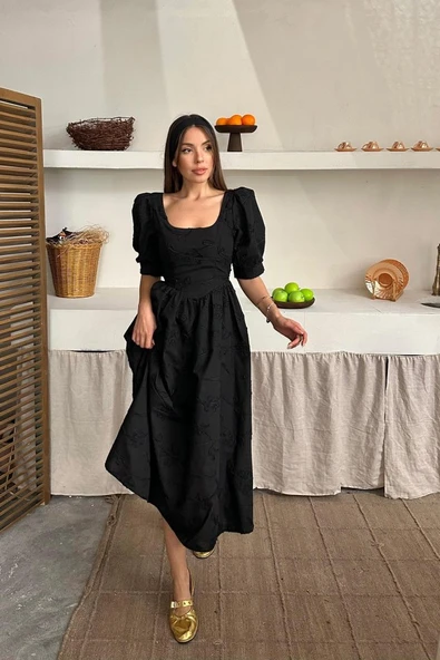 Siyah Balon Kollu Brode Elbise - Resim 2