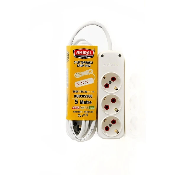 pilelistore Amiral 3' lü Topraklı 5 Metre Kablolu Grup Priz - 2