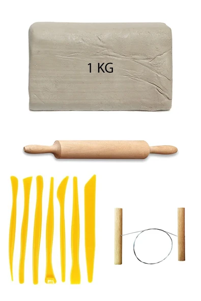 Beyaz Seramik Hamuru 1 kg Plastik Ebeşuar Seti Kil Seti Seramik Kili Ahşap Merdane Çamur Kesme Teli ürün görseli