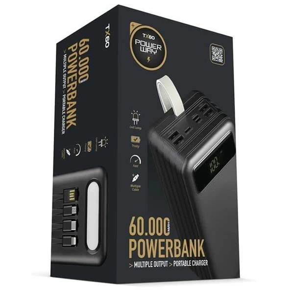 Powerway TX60 Siyah 60000 Mah Çoklu Çıkış Dijital Göstergeli Ekstra Kablolu Powerbank - Resim 3