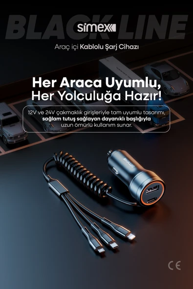 Black Line 60W Araç İçi Şarj Aleti, 5 Port, Spiral Kablolu, Type-C Micro USB Lightning Uyumlu - 5