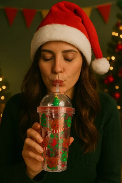 Sevimli Geyikli Kar Tanesi Noel Ağacı Desenli Süslemeli Renkli Pipetli Kupa Bardak Suluk 450ML 2768C