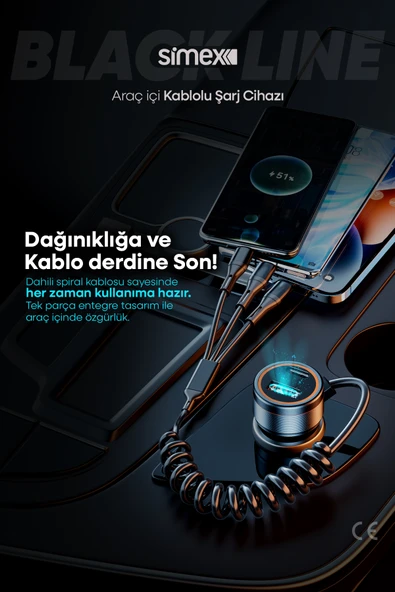 Black Line 60W Araç İçi Şarj Aleti, 5 Port, Spiral Kablolu, Type-C Micro USB Lightning Uyumlu - 2