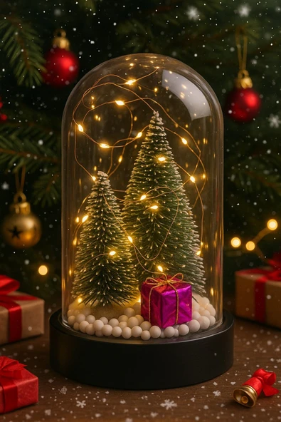 Yeni Yıl Ruhunu Yansıtan Led Işıklı 2 Li Yılbaşı Kar Efektli Çam Ağacı Hediye Paketi Temalı Fanus - Resim 5