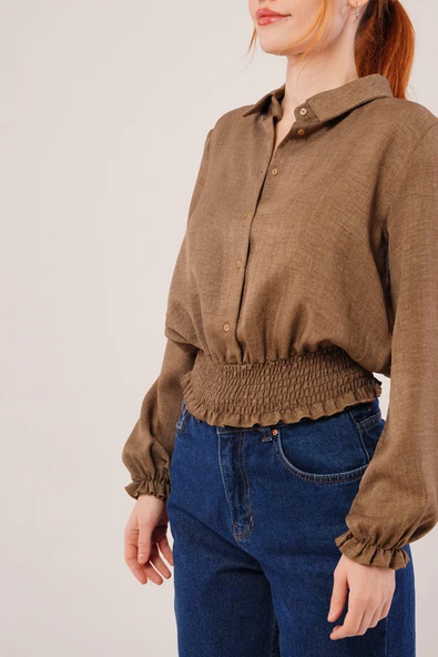 Bel Ve Bilek Lastikli Kahverengi Bluz - Resim 2