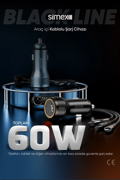 Black Line 60W Araç İçi Şarj Aleti, 5 Port, Spiral Kablolu, Type-C Micro USB Lightning Uyumlu - 6