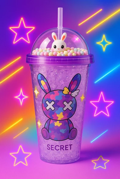 Sevimli Bunny Tavşan Figürlü Renkli Boncuklu Kristal Efektli Tasarım Pipetli Bardak Suluk Mor 2087 - 3