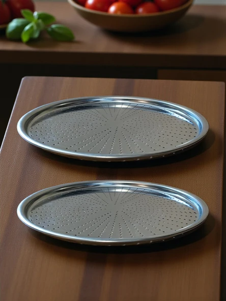 Paslanmaz Çelik Delikli Pizza Fırın Tepsisi Lahmacun Fırın Tepsisi 2'li Set 28 32 Cm ürün görseli