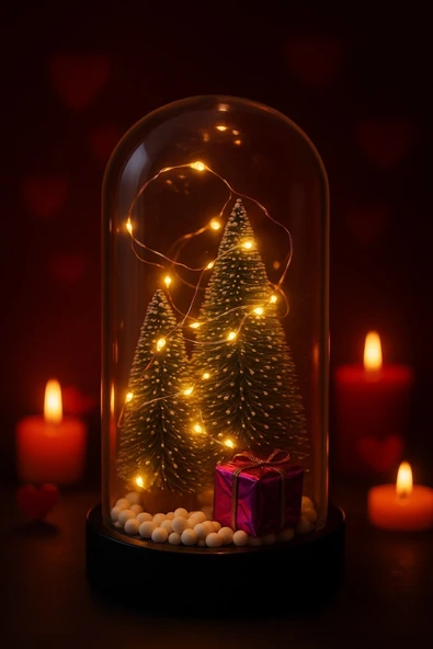 Yeni Yıl Ruhunu Yansıtan Led Işıklı 2 Li Yılbaşı Kar Efektli Çam Ağacı Hediye Paketi Temalı Fanus - Resim 2