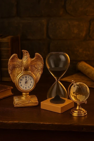 Koleksiyonluk İhtişamlı Altın Renkli Kartal Heykeli Masa Saati Cam Dünya Küre ve Kum Saati Hediye ürün görseli 1