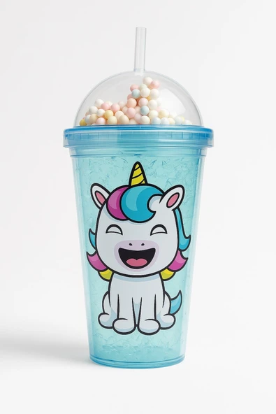 Renkli Boncuklu Unicorn Tasarımlı Pipetli İçecek Bardağı Çocuklar İçin Sevimli Suluk Mavi 2646 - Resim 4