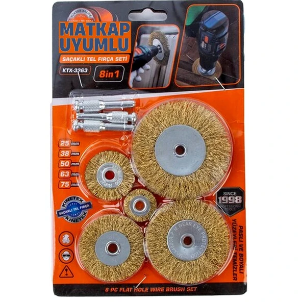 Tel Matkap Hobi Fırça 5+3 Pim 8 Parça Set Tel Fırça Seti Matkap Ucu Tel Fırça Pas Kir Boya Temizleme - 6