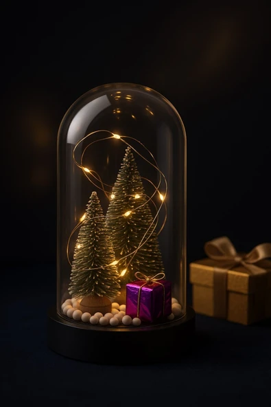Yeni Yıl Ruhunu Yansıtan Led Işıklı 2 Li Yılbaşı Kar Efektli Çam Ağacı Hediye Paketi Temalı Fanus - Resim 3