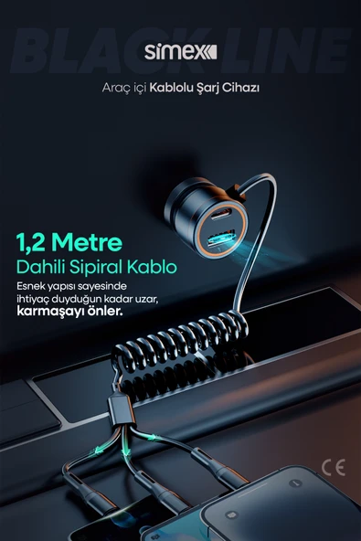 Black Line 60W Araç İçi Şarj Aleti, 5 Port, Spiral Kablolu, Type-C Micro USB Lightning Uyumlu - 4