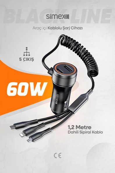 Black Line 60W Araç İçi Şarj Aleti, 5 Port, Spiral Kablolu, Type-C Micro USB Lightning Uyumlu