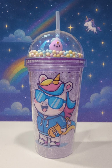 Renkli Boncuklu Unicorn Tasarımlı Pipetli İçecek Bardağı Çocuklar İçin Sevimli Suluk Mor 2646 ürün görseli 1
