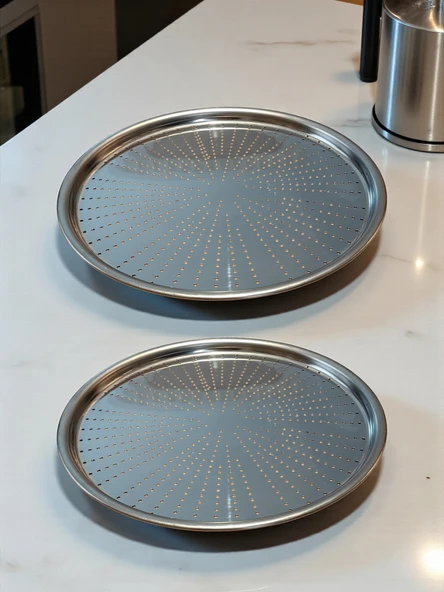 Paslanmaz Çelik Delikli Pizza Fırın Tepsisi Lahmacun Fırın Tepsisi 2'li Set 32 36 Cm - Resim 2